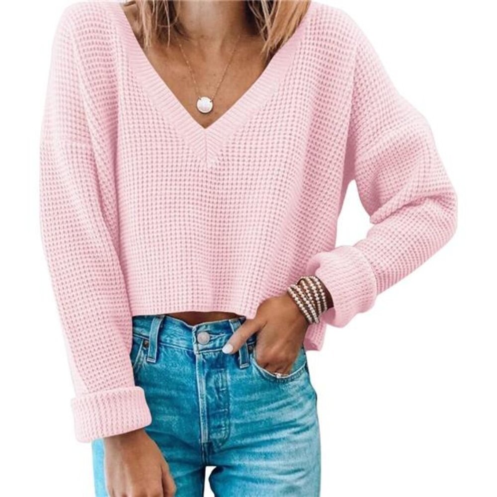 Womens V Neck Waffle Knit Cropped Top Long Sleeve Pullover Crop